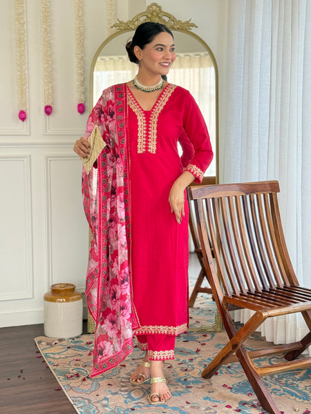 Traditional Embroidered Kurta Set with Floral Dupatta | Party Wear for Women