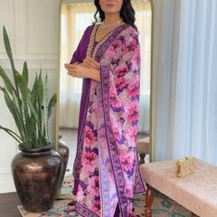Purple Embroidered Kurti Set with Floral Chinnon Dupatta