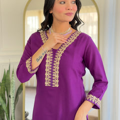 Purple Embroidered Kurti Set with Floral Chinnon Dupatta