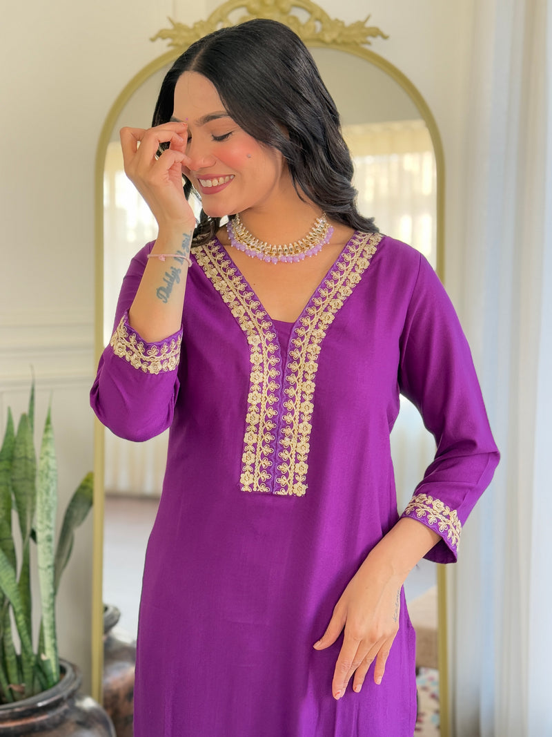Purple Embroidered Kurti Set with Floral Chinnon Dupatta