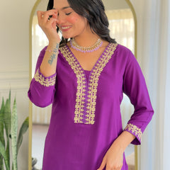 Purple Embroidered Kurti Set with Floral Chinnon Dupatta