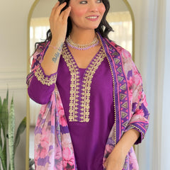 Purple Embroidered Kurti Set with Floral Chinnon Dupatta