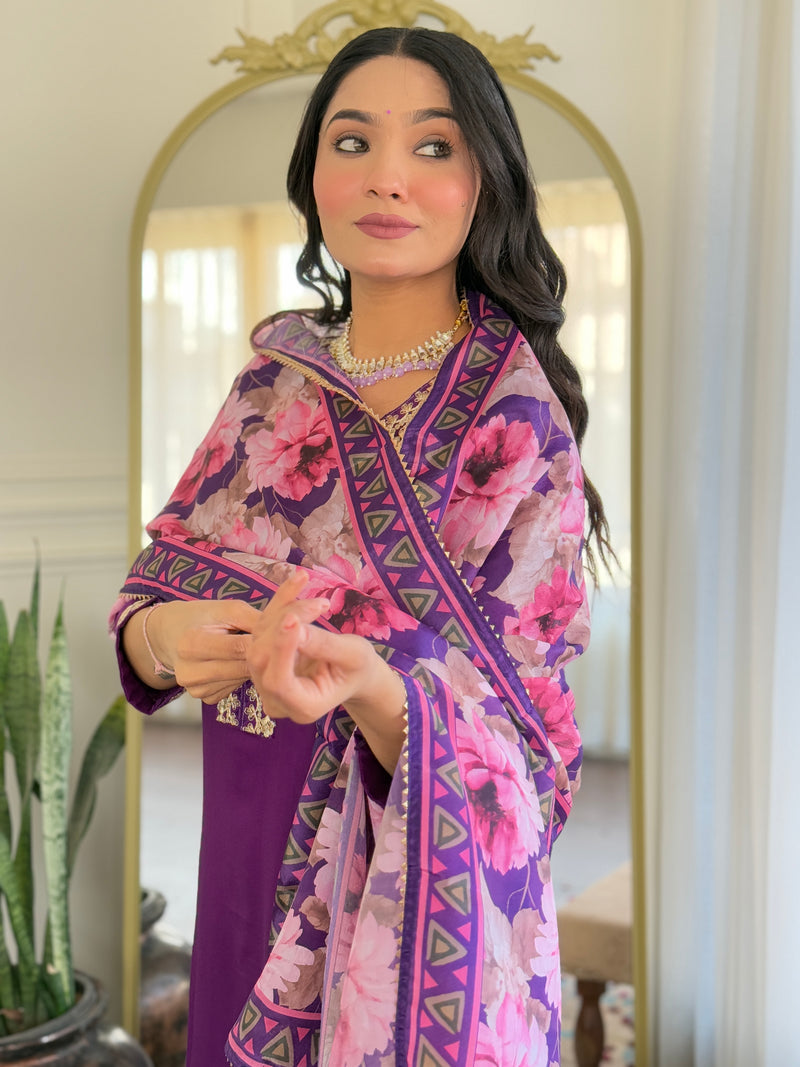 Purple Embroidered Kurti Set with Floral Chinnon Dupatta