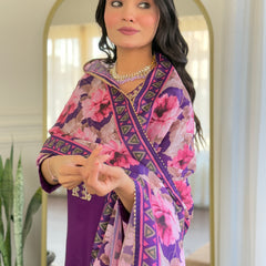 Purple Embroidered Kurti Set with Floral Chinnon Dupatta