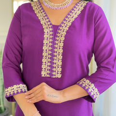 Purple Embroidered Kurti Set with Floral Chinnon Dupatta