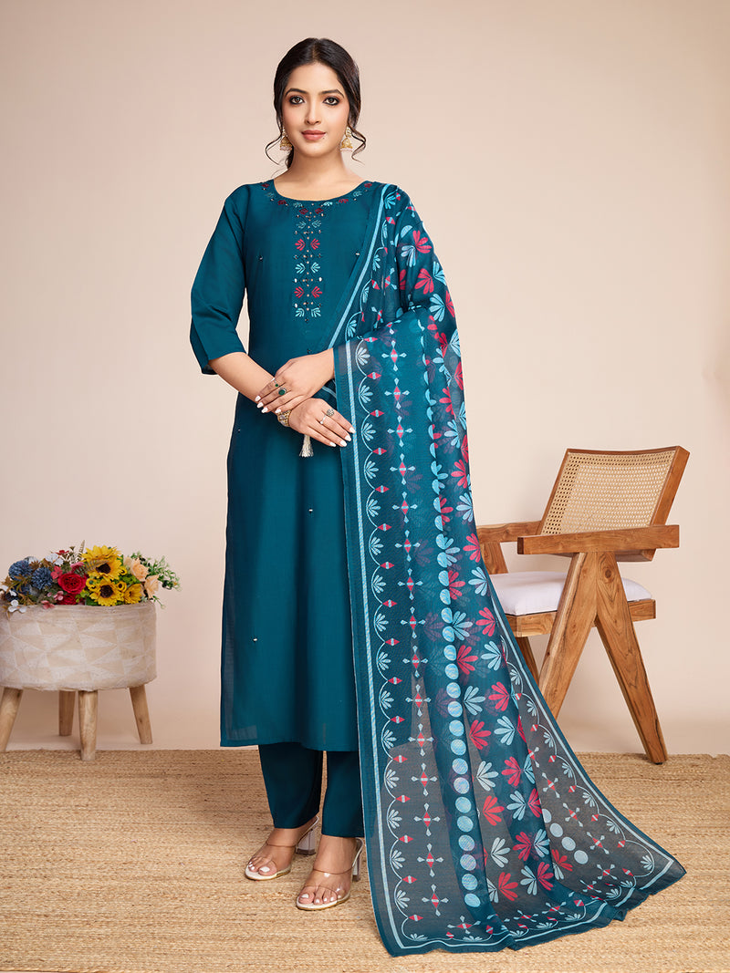 Women Kurti Embroidery with Hand Mirror Work with Pant Dupatta Set Pure Roman Silk