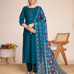 Women Kurti Embroidery with Hand Mirror Work with Pant Dupatta Set Pure Roman Silk