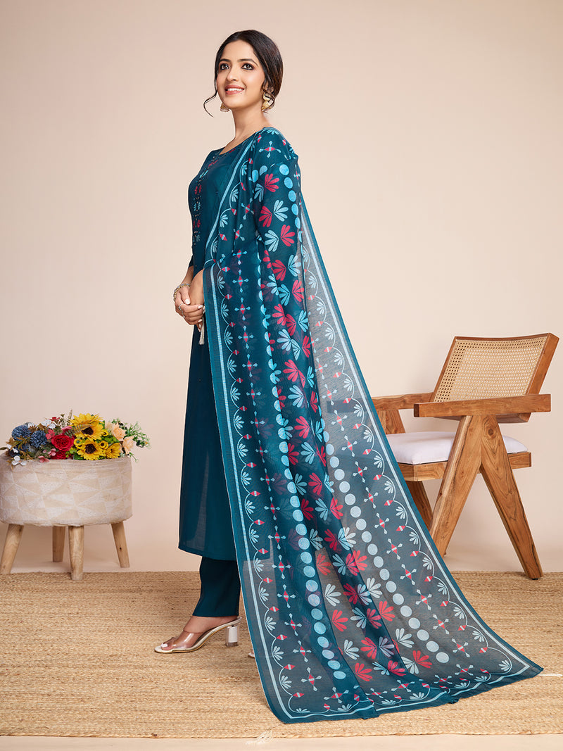 Women Kurti Embroidery with Hand Mirror Work with Pant Dupatta Set Pure Roman Silk