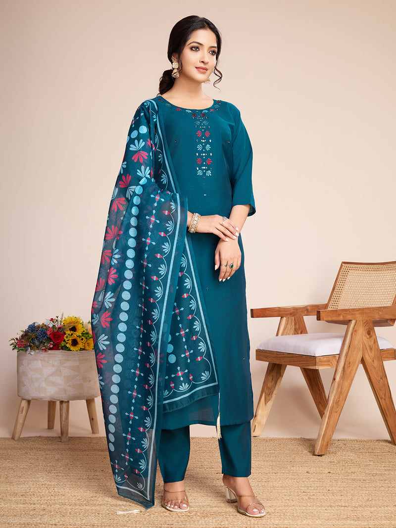 Women Kurti Embroidery with Hand Mirror Work with Pant Dupatta Set Pure Roman Silk