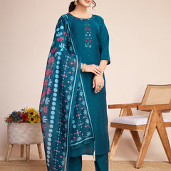 Women Kurti Embroidery with Hand Mirror Work with Pant Dupatta Set Pure Roman Silk