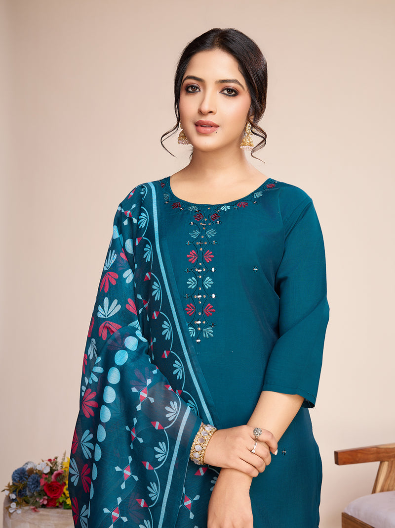 Women Kurti Embroidery with Hand Mirror Work with Pant Dupatta Set Pure Roman Silk