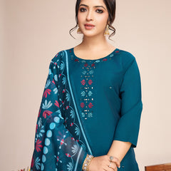 Women Kurti Embroidery with Hand Mirror Work with Pant Dupatta Set Pure Roman Silk