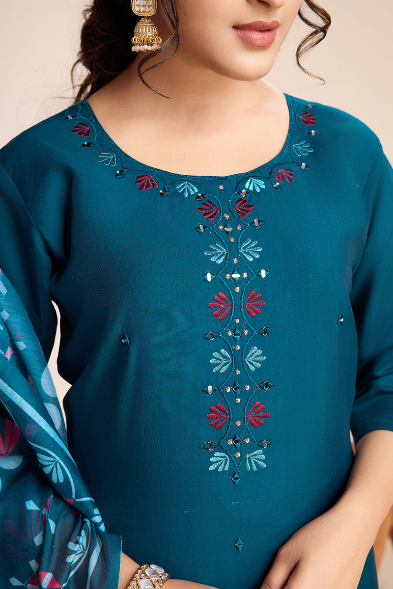 Women Kurti Embroidery with Hand Mirror Work with Pant Dupatta Set Pure Roman Silk