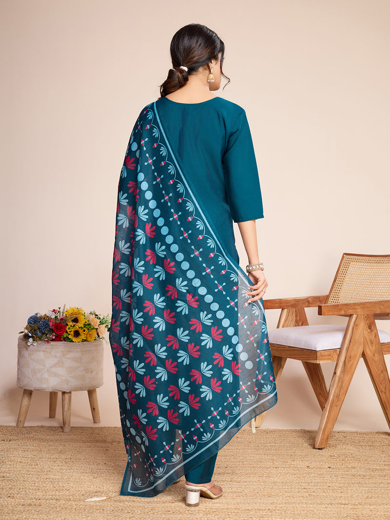 Women Kurti Embroidery with Hand Mirror Work with Pant Dupatta Set Pure Roman Silk