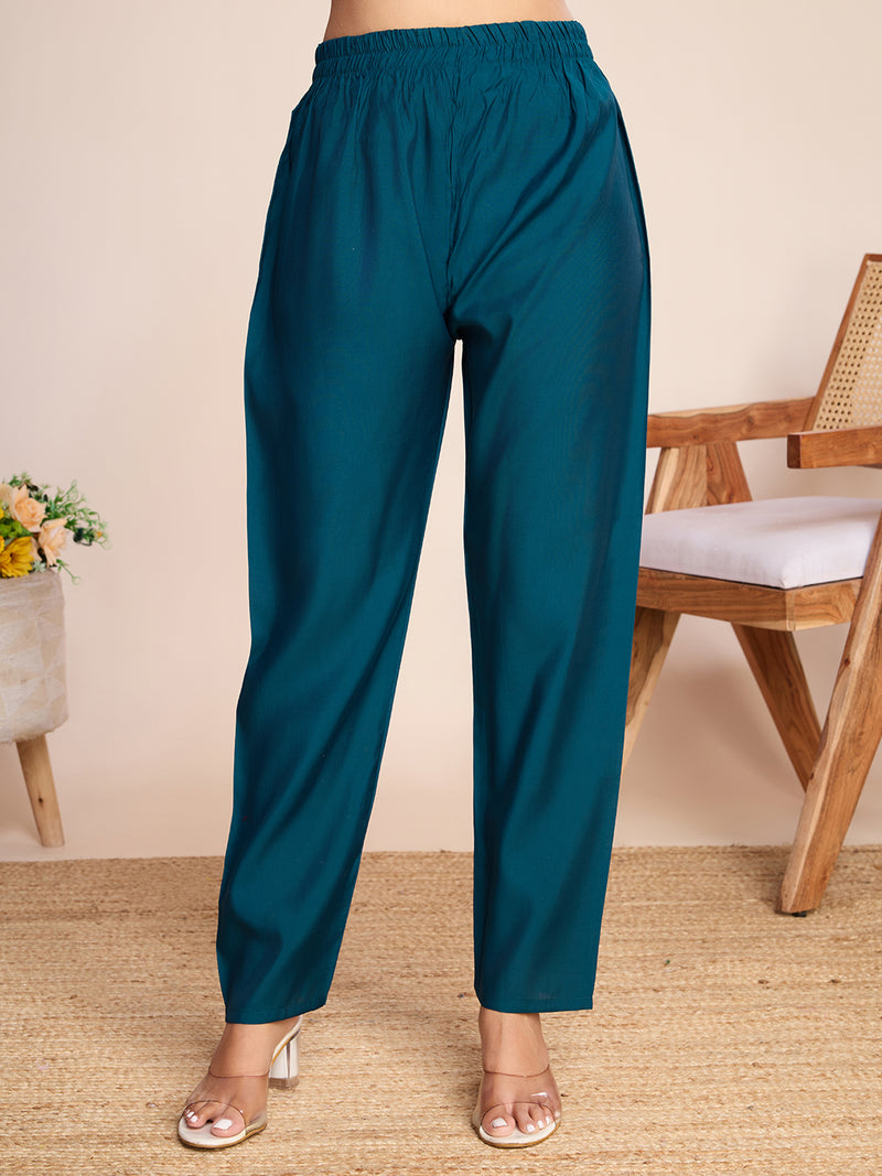 Women Kurti Embroidery with Hand Mirror Work with Pant Dupatta Set Pure Roman Silk