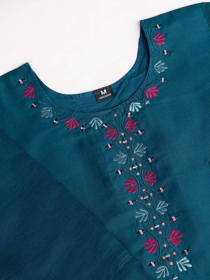 Women Kurti Embroidery with Hand Mirror Work with Pant Dupatta Set Pure Roman Silk