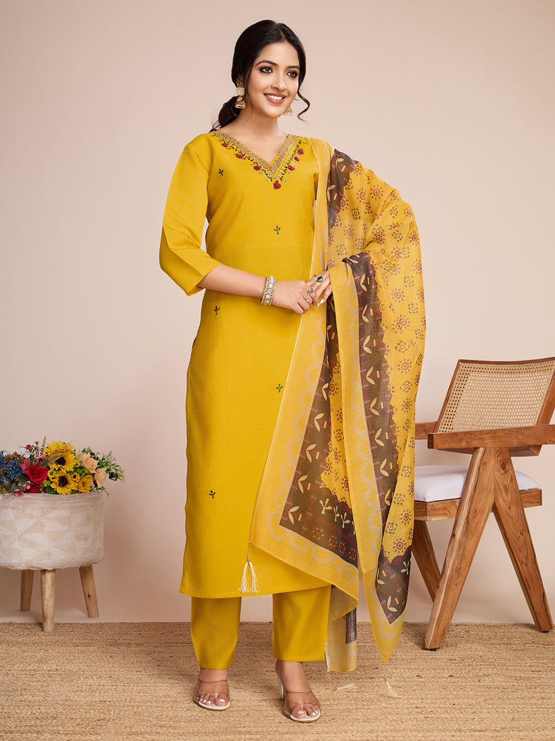 Women's Yellow Embroidered Roman Silk Kurta Set with Printed Dupatta