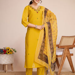 Women's Yellow Embroidered Roman Silk Kurta Set with Printed Dupatta