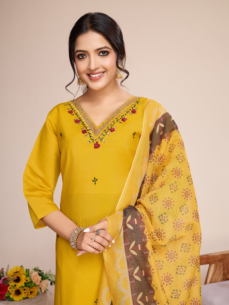 Women's Yellow Embroidered Roman Silk Kurta Set with Printed Dupatta