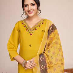 Women's Yellow Embroidered Roman Silk Kurta Set with Printed Dupatta