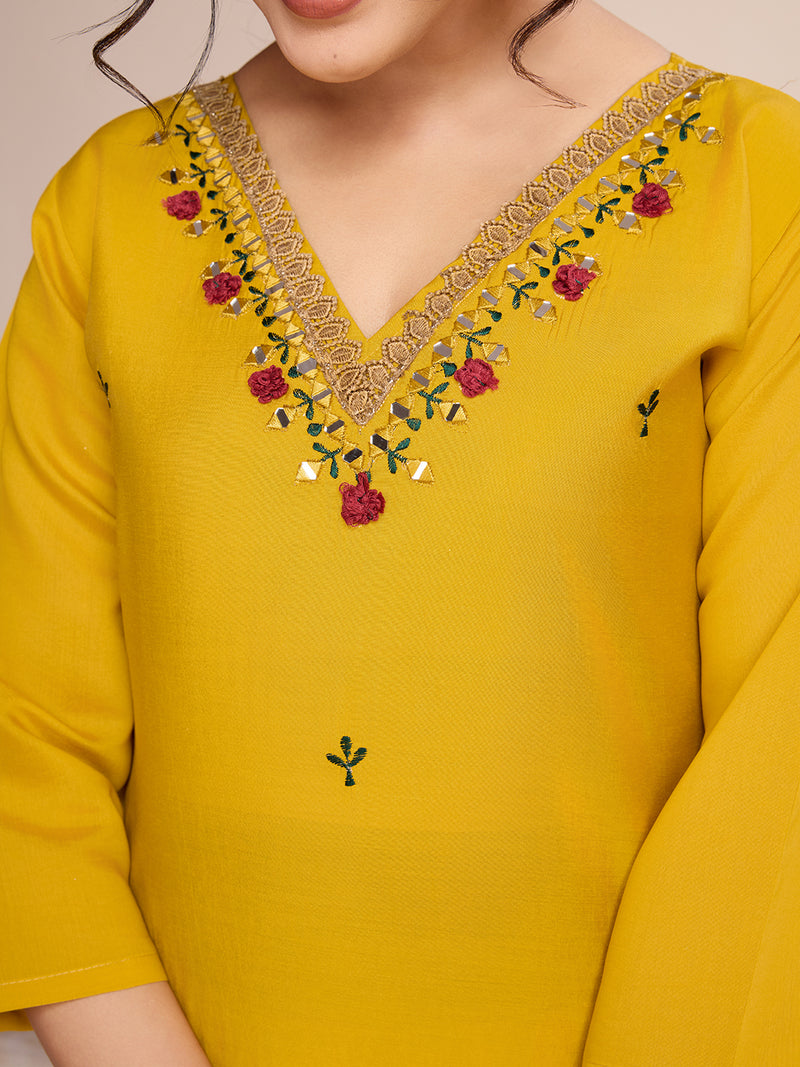 Women's Yellow Embroidered Roman Silk Kurta Set with Printed Dupatta