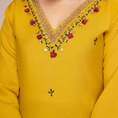 Women's Yellow Embroidered Roman Silk Kurta Set with Printed Dupatta