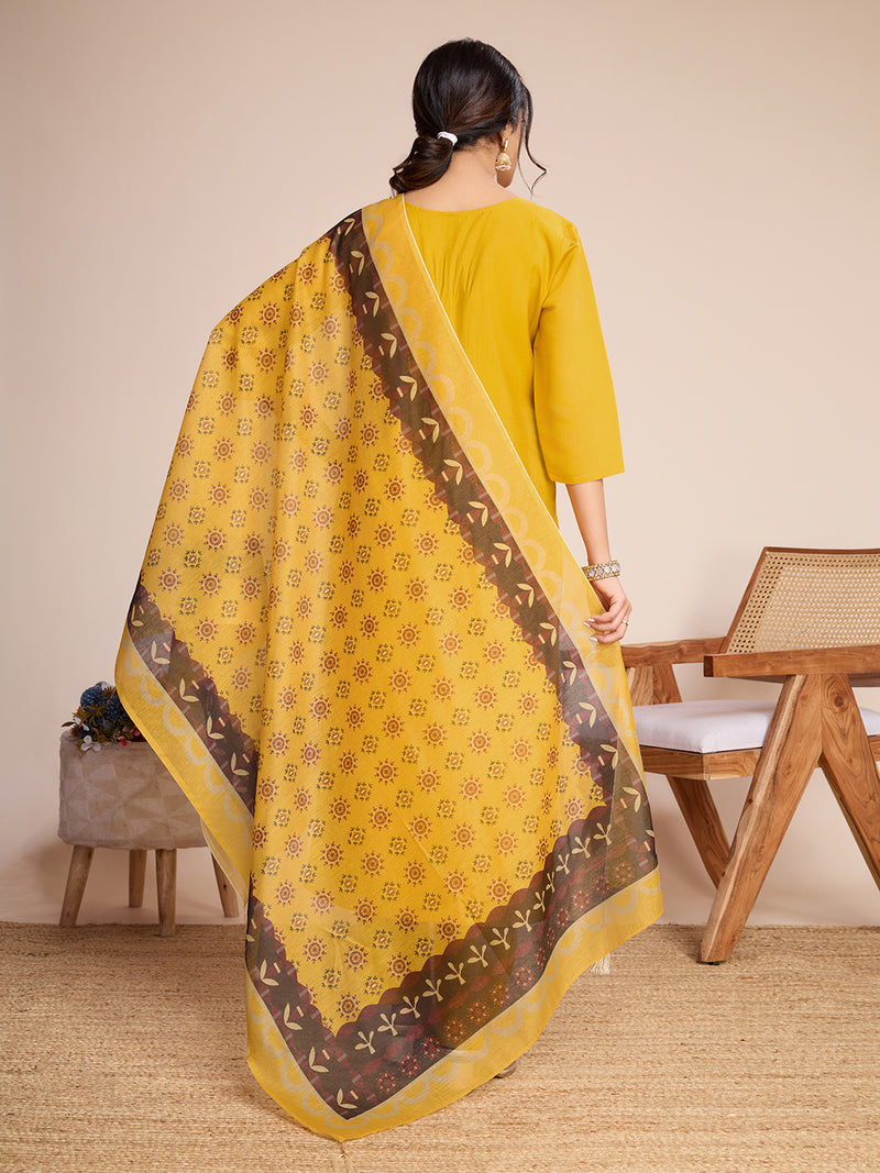 Women's Yellow Embroidered Roman Silk Kurta Set with Printed Dupatta