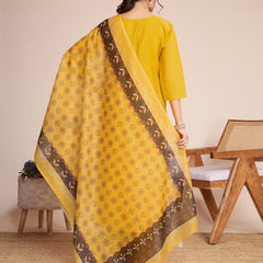 Women's Yellow Embroidered Roman Silk Kurta Set with Printed Dupatta