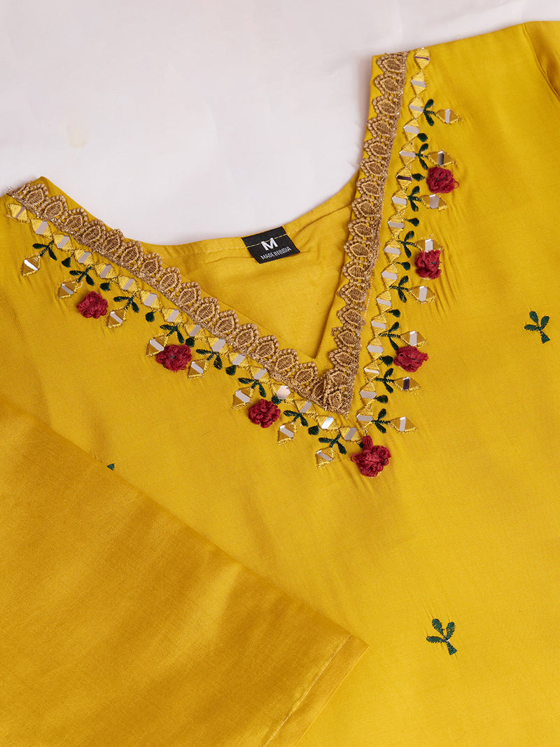 Women's Yellow Embroidered Roman Silk Kurta Set with Printed Dupatta