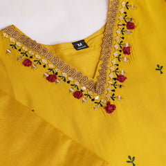 Women's Yellow Embroidered Roman Silk Kurta Set with Printed Dupatta