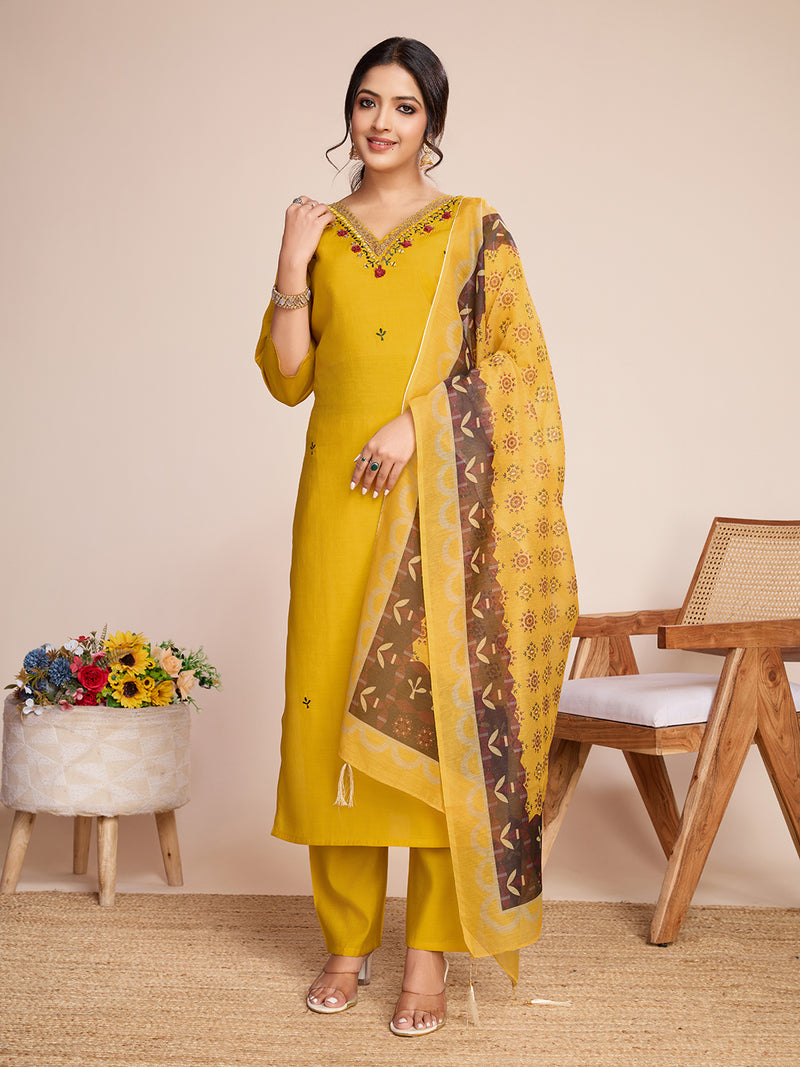 Women's Yellow Embroidered Roman Silk Kurta Set with Printed Dupatta