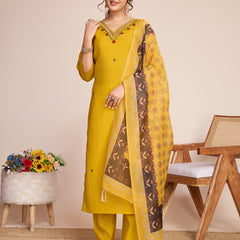 Women's Yellow Embroidered Roman Silk Kurta Set with Printed Dupatta
