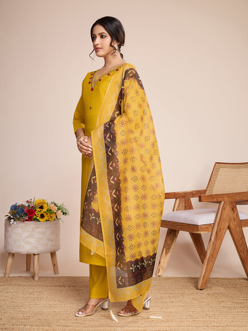 Women's Yellow Embroidered Roman Silk Kurta Set with Printed Dupatta