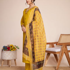 Women's Yellow Embroidered Roman Silk Kurta Set with Printed Dupatta