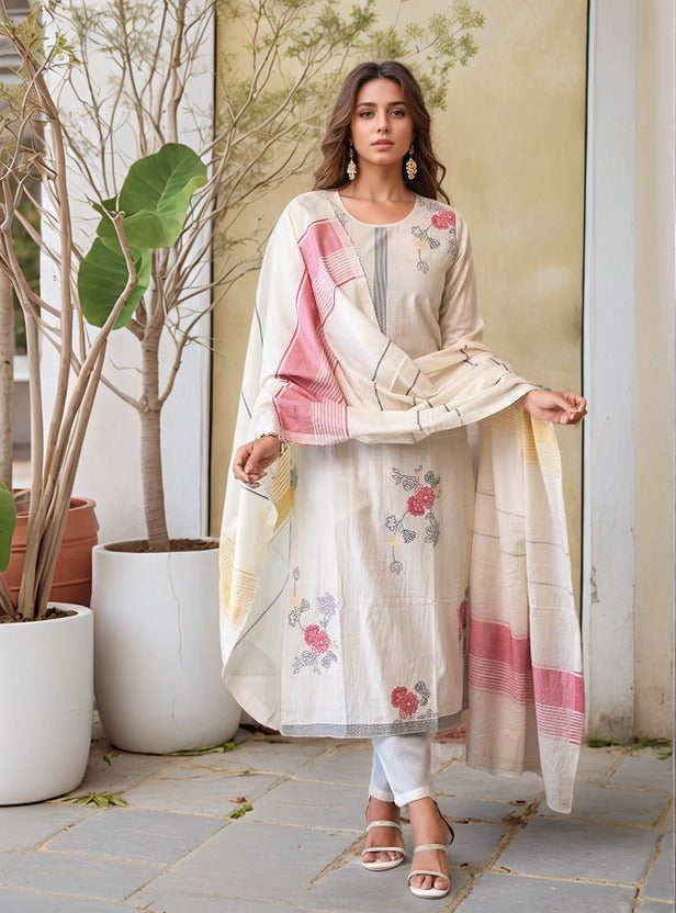 Off White Woven Cotton Straight Kurta Set With Dupatta