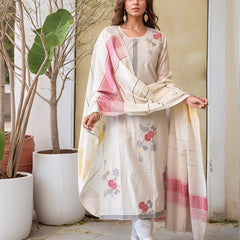 Off White Woven Cotton Straight Kurta Set With Dupatta