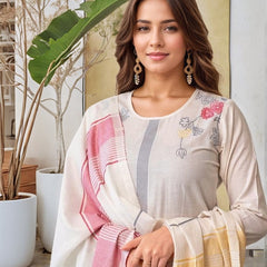 Off White Woven Cotton Straight Kurta Set With Dupatta