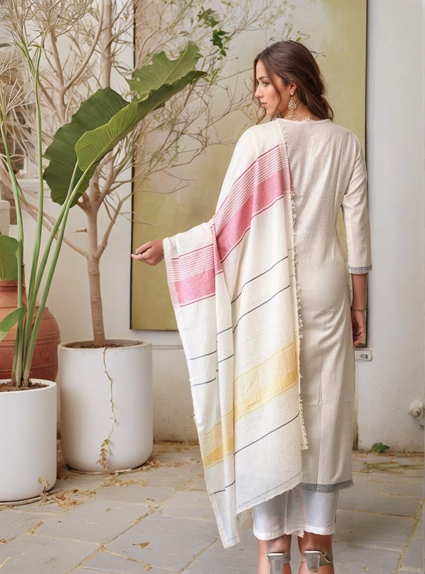 Off White Woven Cotton Straight Kurta Set With Dupatta