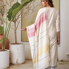 Off White Woven Cotton Straight Kurta Set With Dupatta