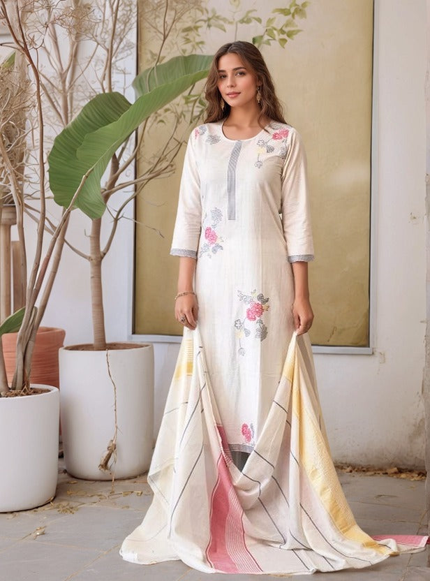 Off White Woven Cotton Straight Kurta Set With Dupatta