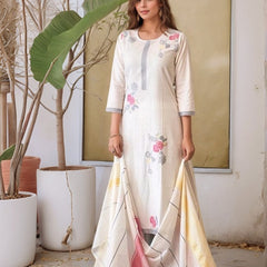 Off White Woven Cotton Straight Kurta Set With Dupatta