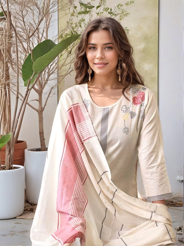 Off White Woven Cotton Straight Kurta Set With Dupatta