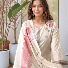 Off White Woven Cotton Straight Kurta Set With Dupatta