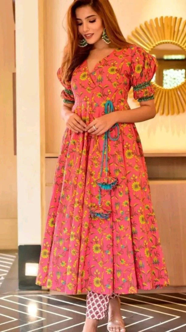 WESTERN STYLE SLEEVE PREMIUM READYMADE KALAMKARI DESIGNER GOWN