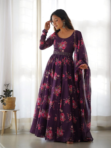 WAINE COLOURED PURE SOFT ORGANZA ANARKALI SUIT SET WITH FULLY STITCHED DKB 26