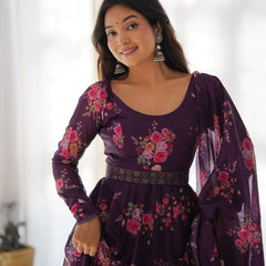 WAINE COLOURED PURE SOFT ORGANZA ANARKALI SUIT SET WITH FULLY STITCHED DKB 26