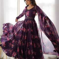 WAINE COLOURED PURE SOFT ORGANZA ANARKALI SUIT SET WITH FULLY STITCHED DKB 26