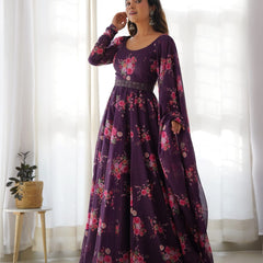 WAINE COLOURED PURE SOFT ORGANZA ANARKALI SUIT SET WITH FULLY STITCHED DKB 26