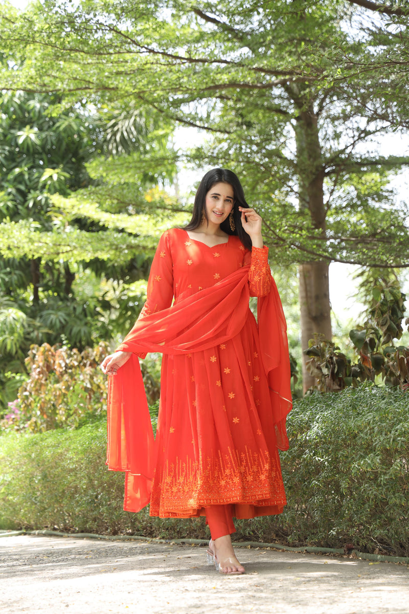Keshvi's orange Coloured Anarkali Suit