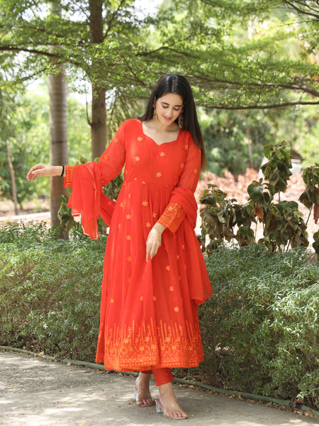 Keshvi's orange Coloured Anarkali Suit